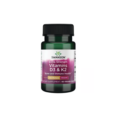 A bottle of Swanson Extra Strength Vitamins D3 (5000 IU) & K2 (100 mcg) dietary supplement for bone health and immune support, containing 60 veggie capsules.